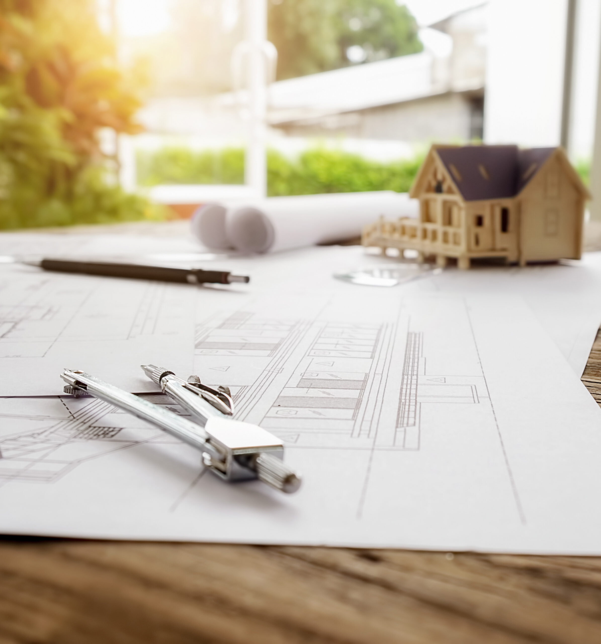 Image of engineering objects on workplace top view.Construction